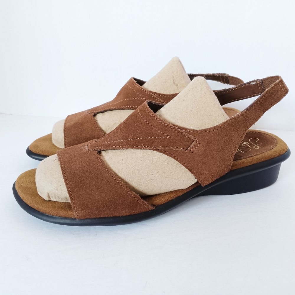 🤎 Life Stride Mercy Brown Leather Sandals Slip-on Womens 6.5 Wedge Heel Suede